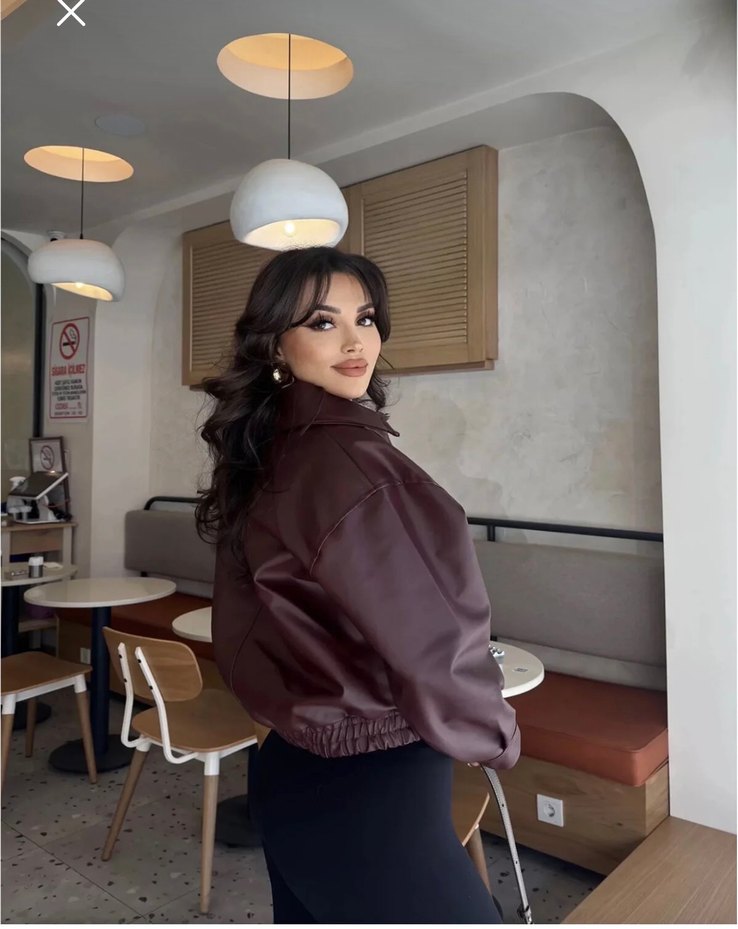 Kadın bordo Deri Yüksek Yakalı Ceket - Görsel 2