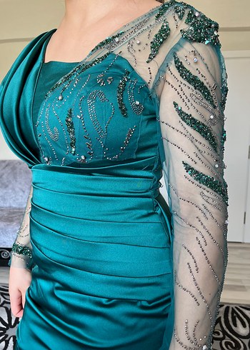 Uzun Turkuaz İşlemeli Kadın Abiye Elbise - Görsel 5