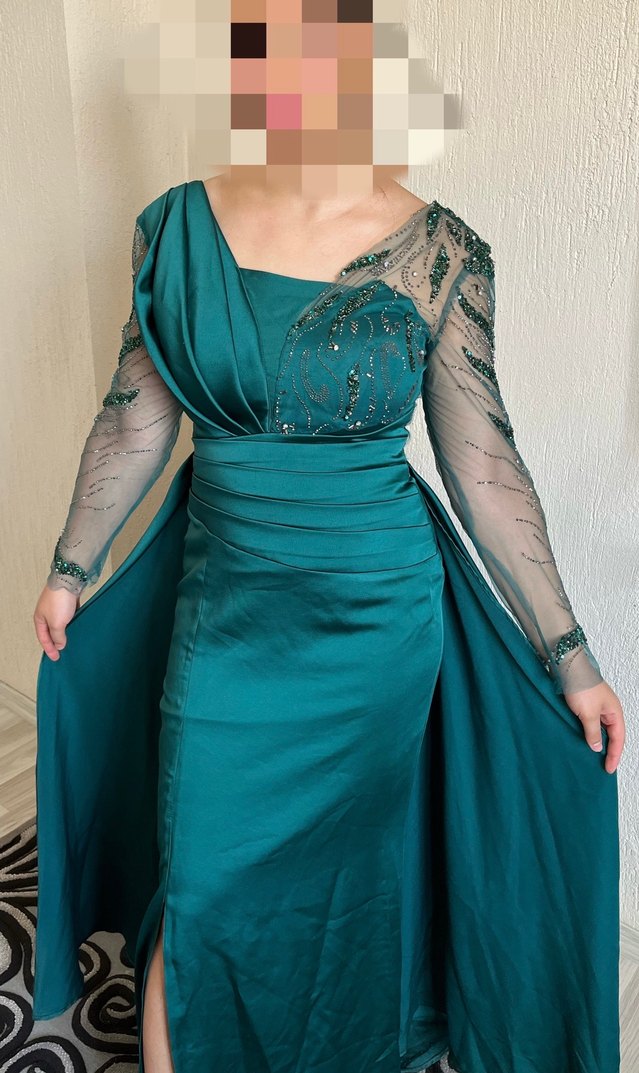 Uzun Turkuaz İşlemeli Kadın Abiye Elbise - Görsel 2