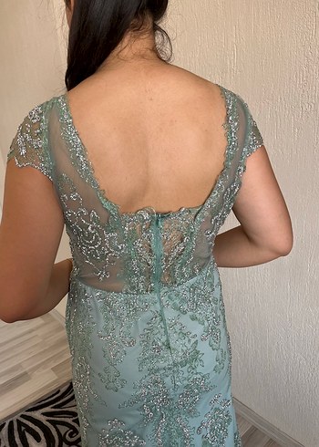 Turkuaz İşlemeli Straplez Uzun Abiye Elbise - Görsel 4