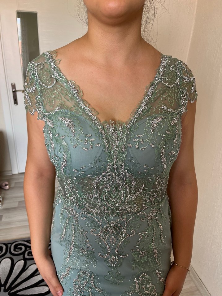 Turkuaz İşlemeli Straplez Uzun Abiye Elbise - Görsel 3