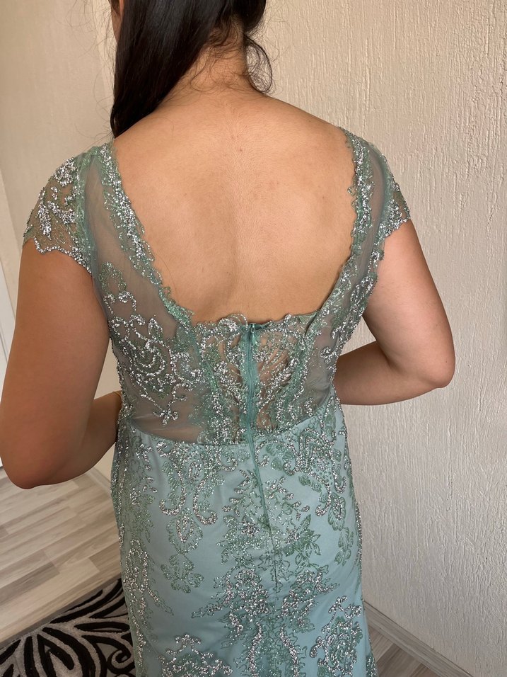 Turkuaz İşlemeli Straplez Uzun Abiye Elbise - Görsel 4