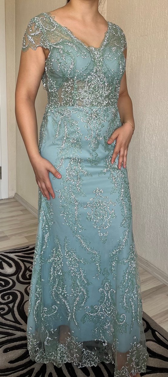 Turkuaz İşlemeli Straplez Uzun Abiye Elbise - Görsel 5