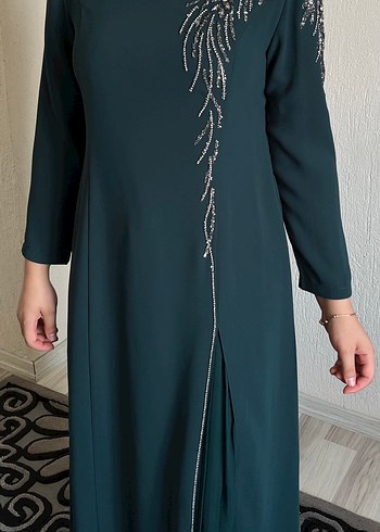 Yeşil Uzun Kollu Nakışlı Abiye Elbise - Görsel 6