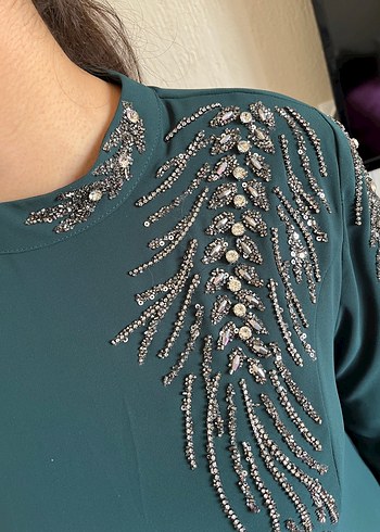 Yeşil Uzun Kollu Nakışlı Abiye Elbise - Görsel 5