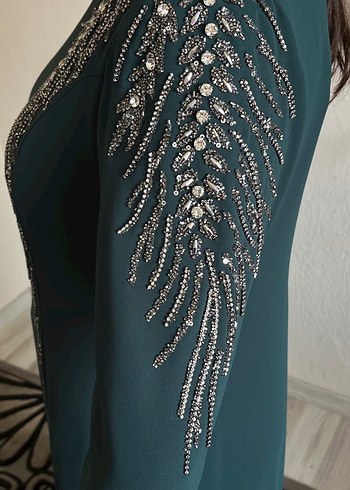 Yeşil Uzun Kollu Nakışlı Abiye Elbise - Görsel 3