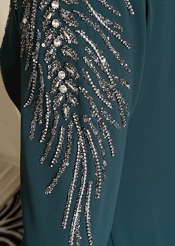 Yeşil Uzun Kollu Nakışlı Abiye Elbise - Görsel 4