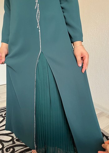 Yeşil Uzun Kollu Nakışlı Abiye Elbise - Görsel 8