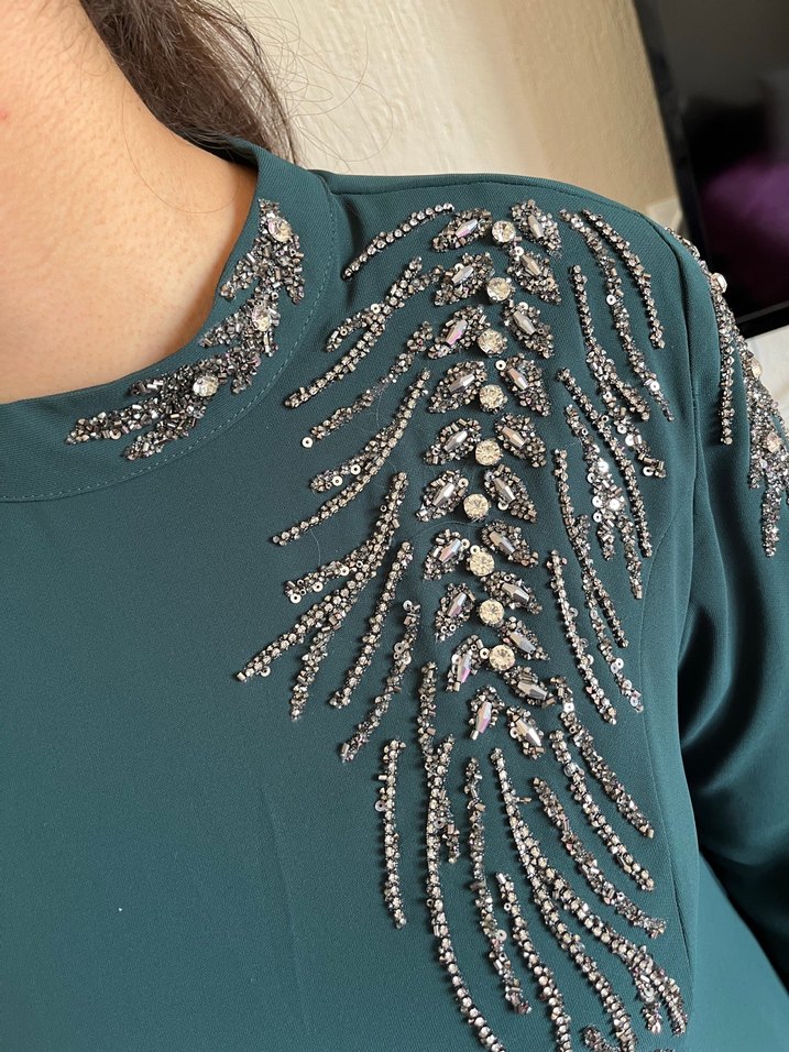 Yeşil Uzun Kollu Nakışlı Abiye Elbise - Görsel 5