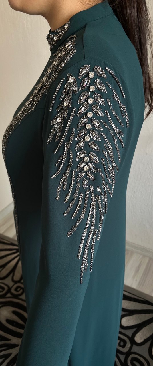 Yeşil Uzun Kollu Nakışlı Abiye Elbise - Görsel 3