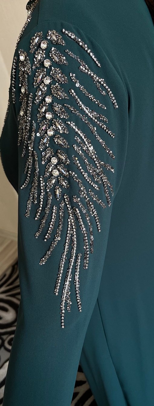 Yeşil Uzun Kollu Nakışlı Abiye Elbise - Görsel 4