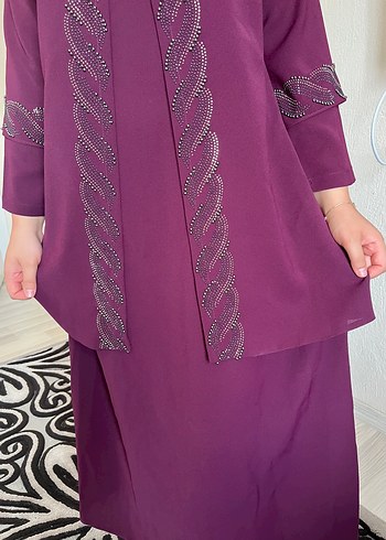 İşlemeli Uzun Mor Kadın tesettür Abiye - Görsel 5