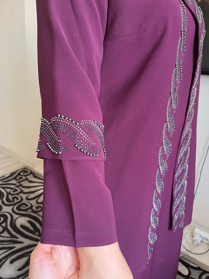 İşlemeli Uzun Mor Kadın tesettür Abiye - Görsel 3