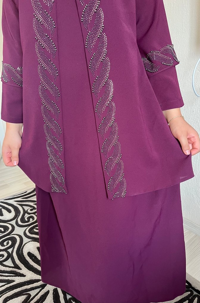 İşlemeli Uzun Mor Kadın tesettür Abiye - Görsel 5