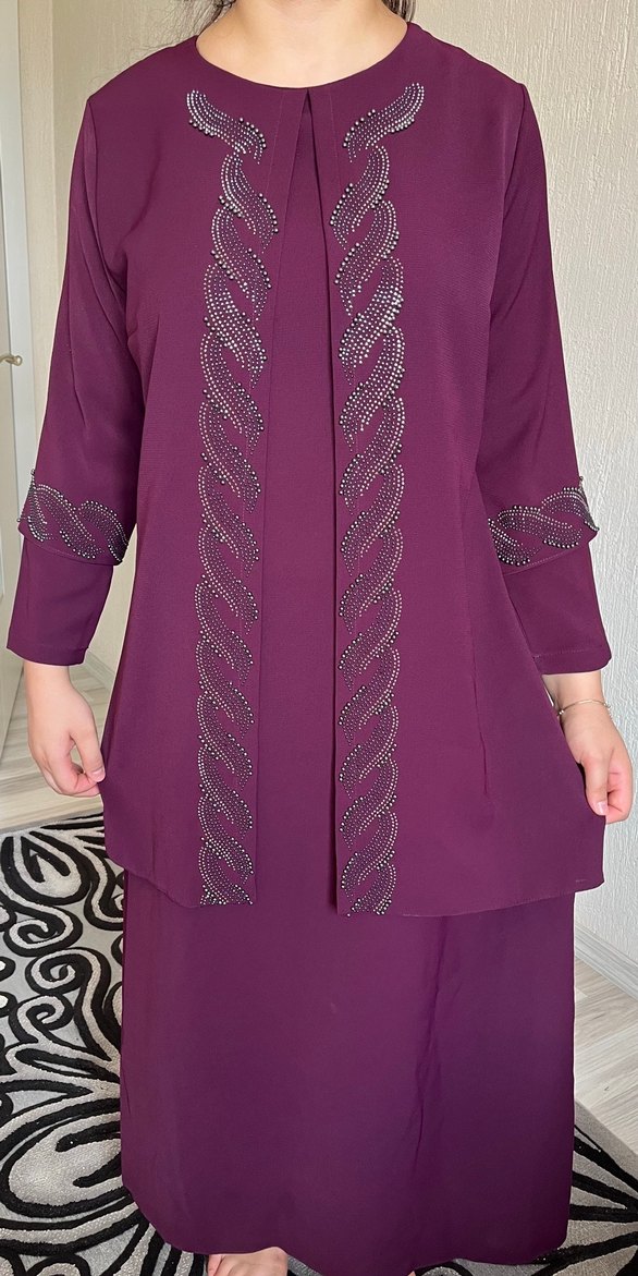 İşlemeli Uzun Mor Kadın tesettür Abiye - Görsel 2