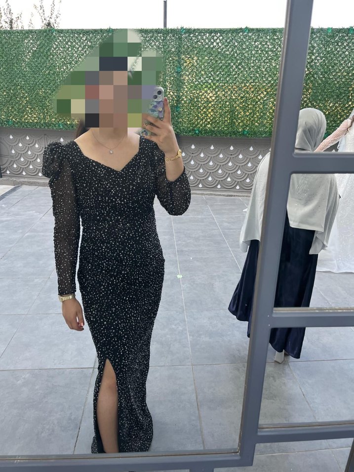 Şeffaf Uzun Kollu Yılan Desenli Siyah Elbise - Görsel 2