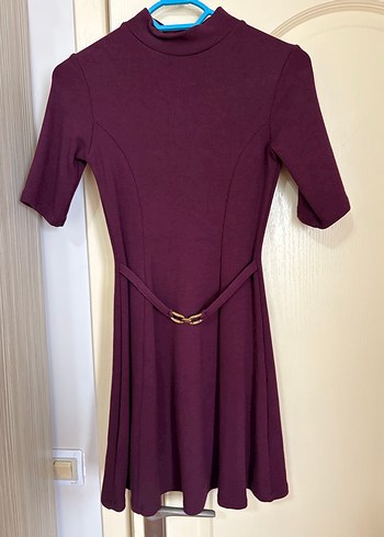 Zara Bordo Yüksek Yaka Kemerli Triko Elbise - Görsel 2