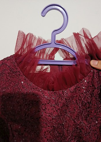 Bordo Uzun Kollu Kadın Abiye Elbise - Görsel 6