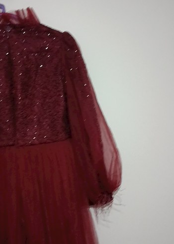 Bordo Uzun Kollu Kadın Abiye Elbise - Görsel 3