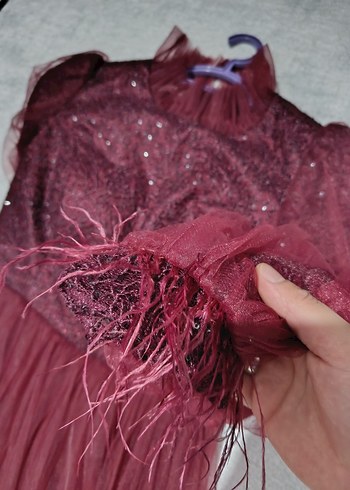 Bordo Uzun Kollu Kadın Abiye Elbise - Görsel 7