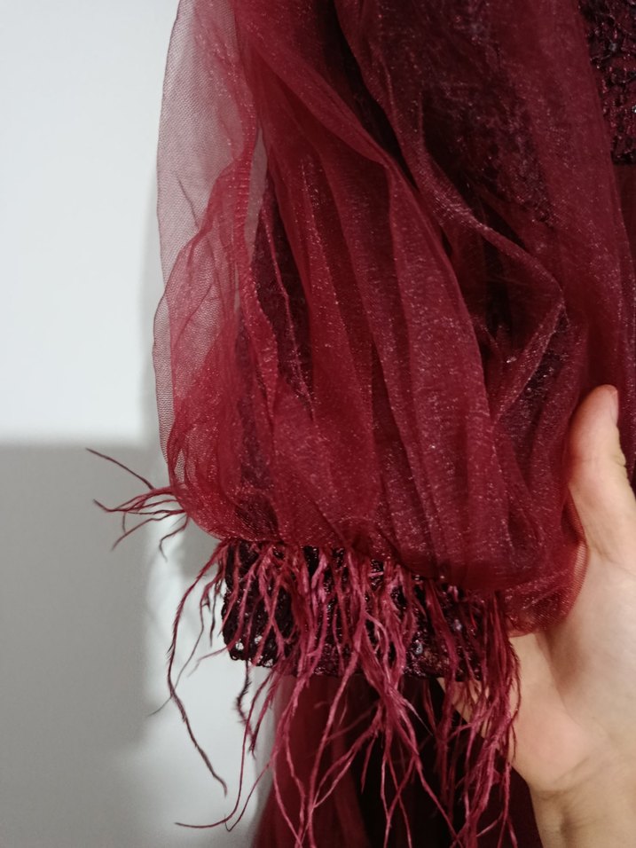 Bordo Uzun Kollu Kadın Abiye Elbise - Görsel 5