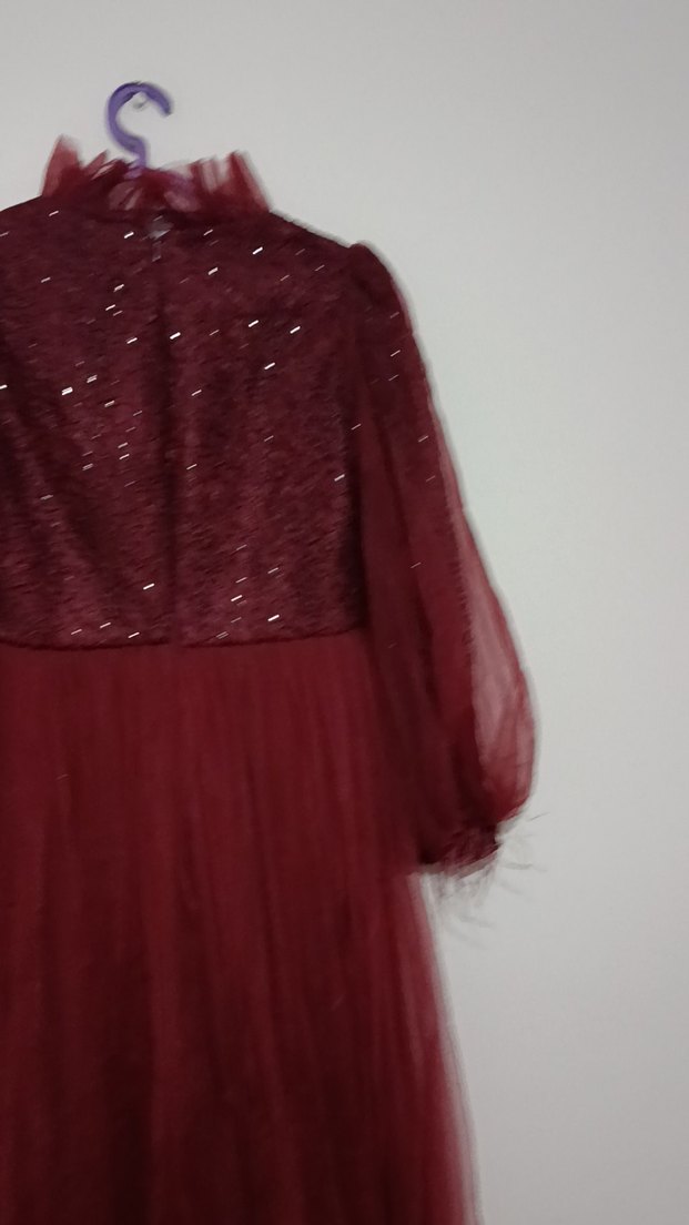 Bordo Uzun Kollu Kadın Abiye Elbise - Görsel 2