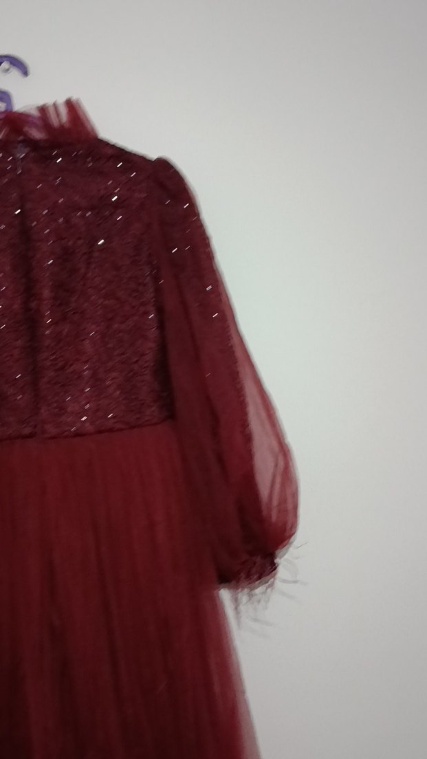 Bordo Uzun Kollu Kadın Abiye Elbise - Görsel 3