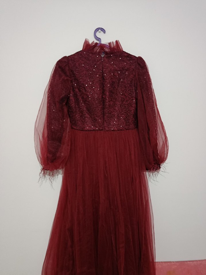 Bordo Uzun Kollu Kadın Abiye Elbise - Görsel 4