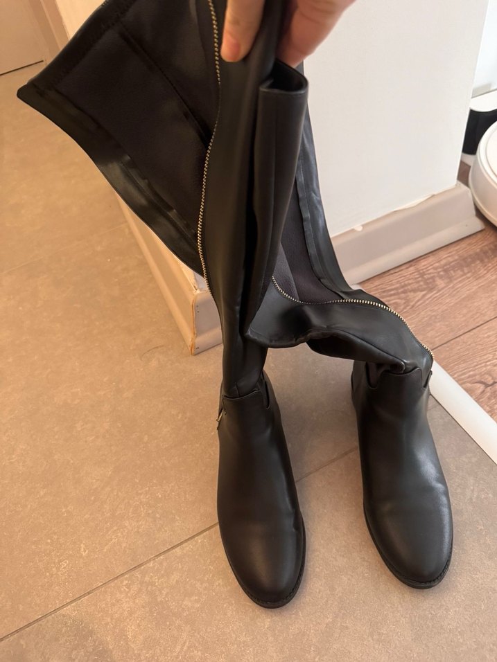 Siyah Deri Stiletto Topuklu Dizüstü Çizme - Görsel 2