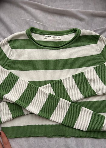 Yeşil Beyaz Çizgili Kadın Triko Kazak - Görsel 3