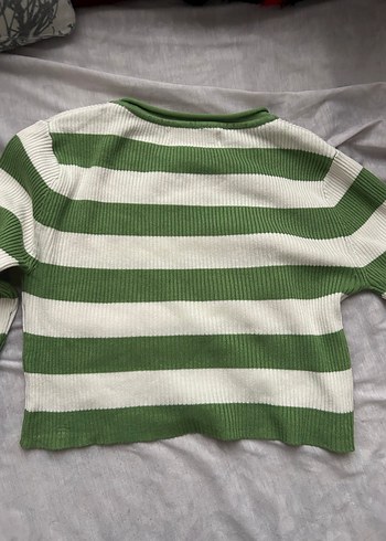 Yeşil Beyaz Çizgili Kadın Triko Kazak - Görsel 4