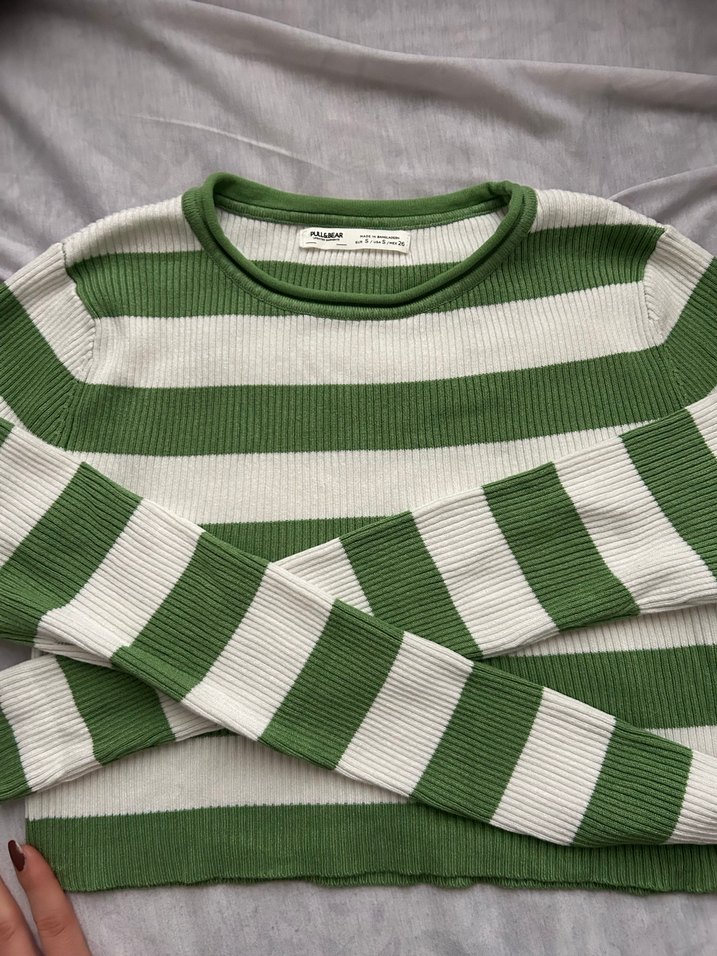 Yeşil Beyaz Çizgili Kadın Triko Kazak - Görsel 3