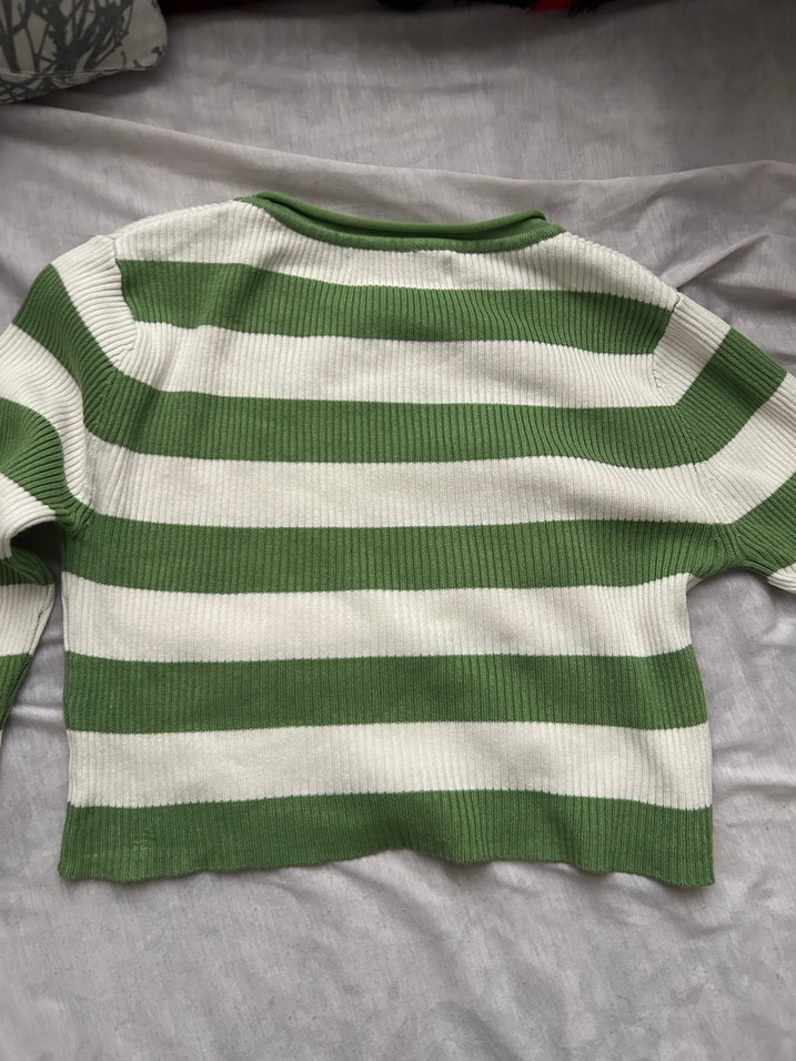 Yeşil Beyaz Çizgili Kadın Triko Kazak - Görsel 4
