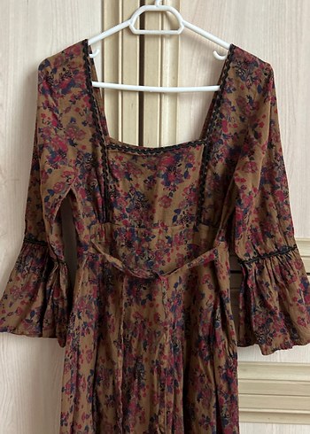 Bohem Uzun Kahverengi V Yaka Elbise - Görsel 3