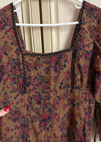 Bohem Uzun Kahverengi V Yaka Elbise - Görsel 2