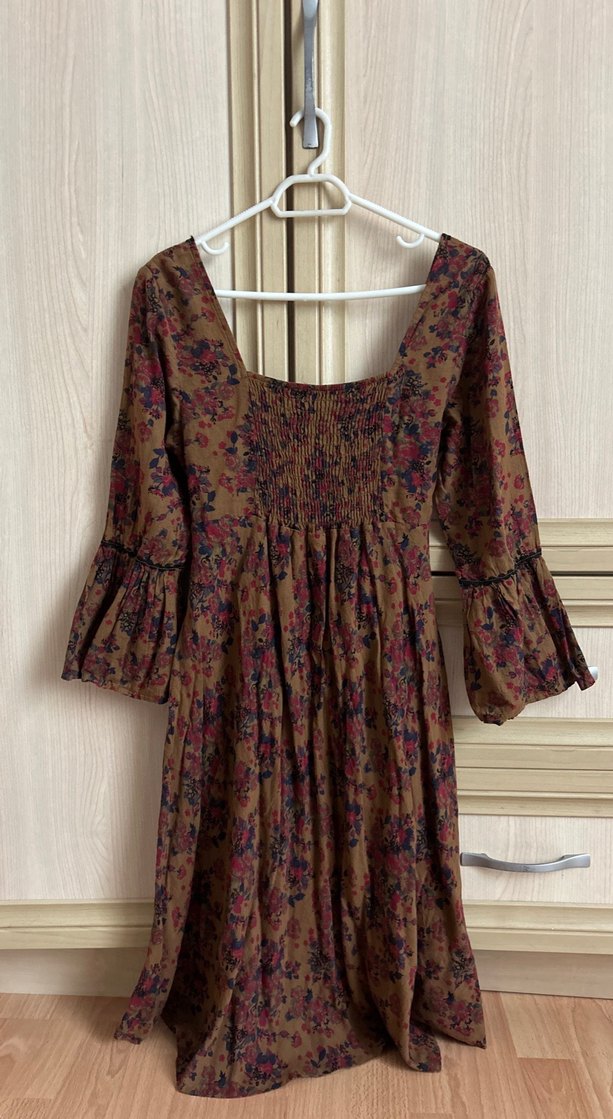 Bohem Uzun Kahverengi V Yaka Elbise - Görsel 4