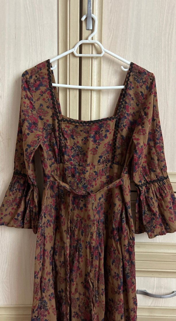 Bohem Uzun Kahverengi V Yaka Elbise - Görsel 3