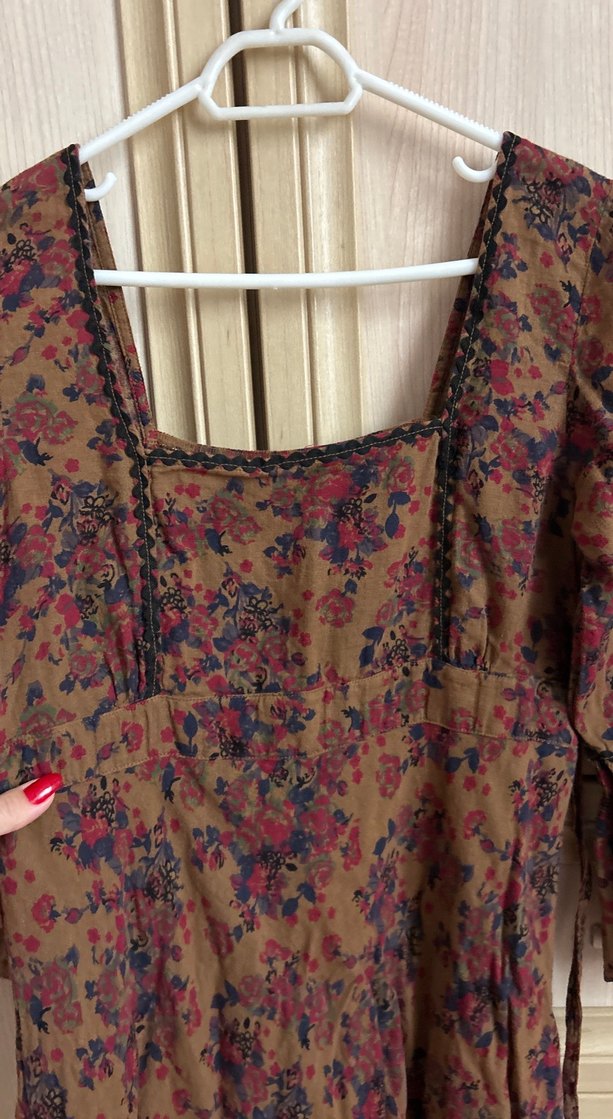 Bohem Uzun Kahverengi V Yaka Elbise - Görsel 2