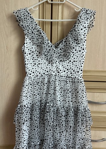 Puantiye Desenli V Yaka Mini Elbise - Görsel 4