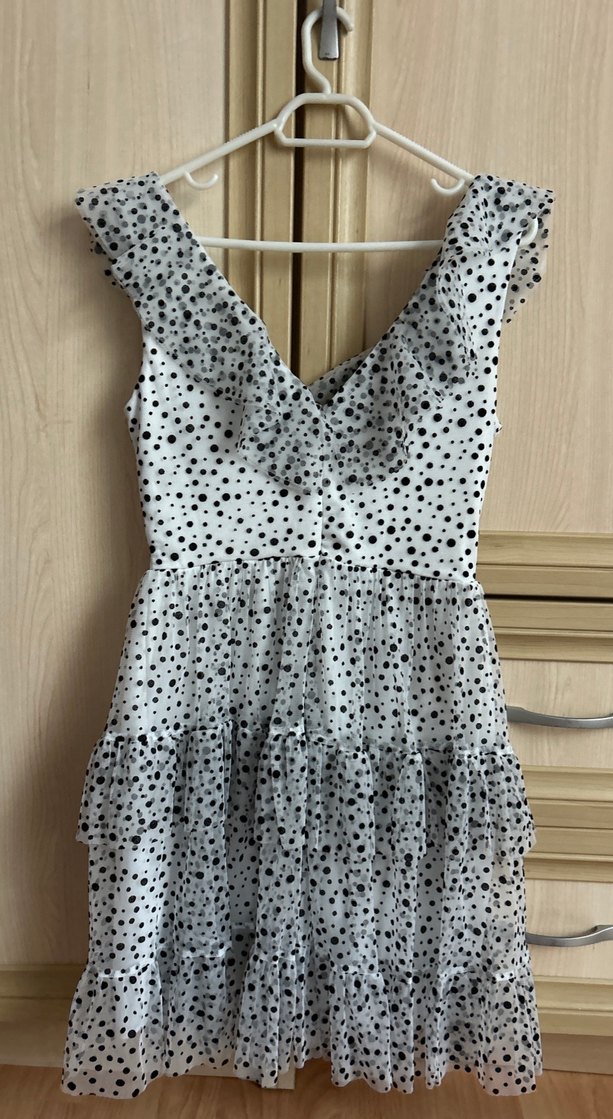 Puantiye Desenli V Yaka Mini Elbise - Görsel 4