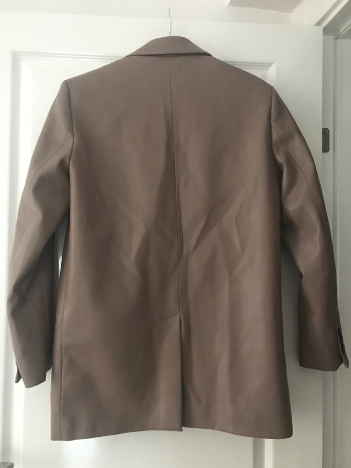 Düğmeli Bej Deri Kadın Blazer Ceket - Görsel 4