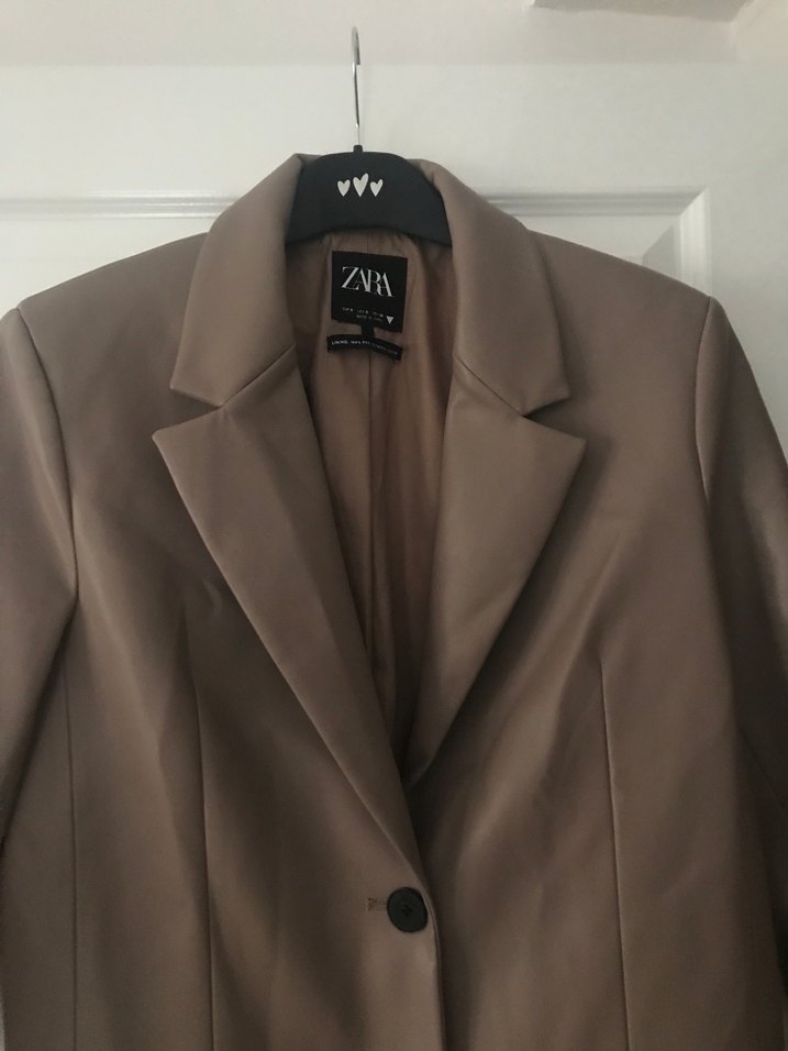 Düğmeli Bej Deri Kadın Blazer Ceket - Görsel 2