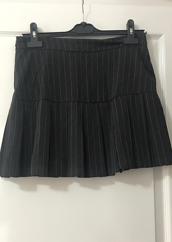 Gri Çizgili Pilili Midi Mini Etek - Görsel 2