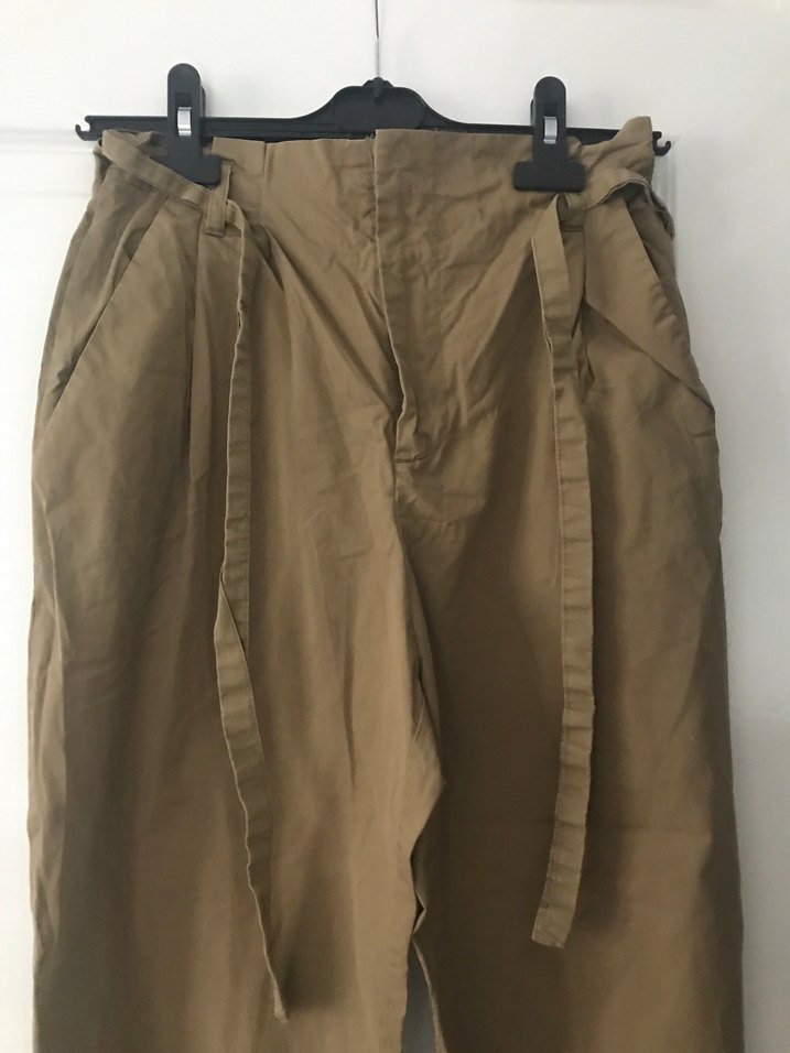 Bej Kemerli Kadın Keten Pantolon - Görsel 2