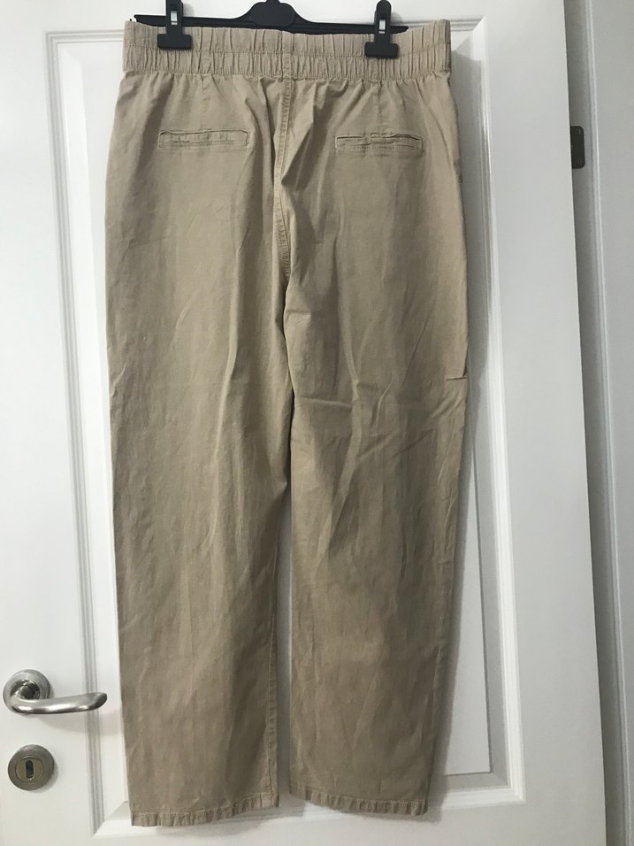 Düğmeli Bej Kadın Keten Pantolon - Görsel 4