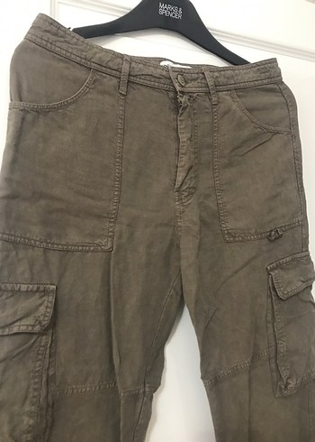 Bol Kesim Kemerli Kahverengi Kadın Keten Pantolon - Görsel 2