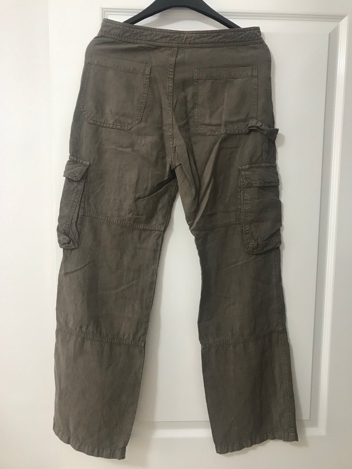 Bol Kesim Kemerli Kahverengi Kadın Keten Pantolon - Görsel 3