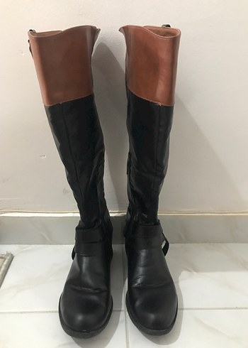 Kahverengi Siyah Deri Dizüstü Stiletto Çizme