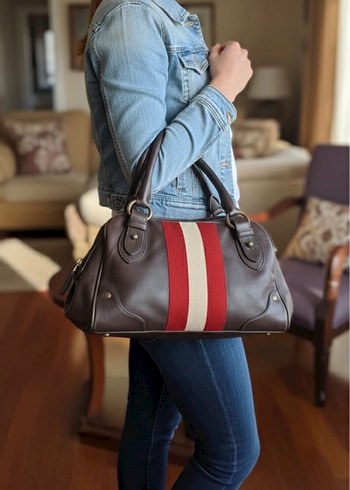 Bally leather striped handle bag - Görsel 5