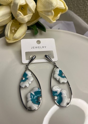 Bohem Kısa Turkuaz Çiçek Küpe - Görsel 4